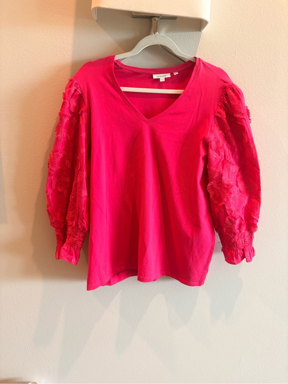 Chico's Hot Pink V-Neck Balloon Sleeve Top